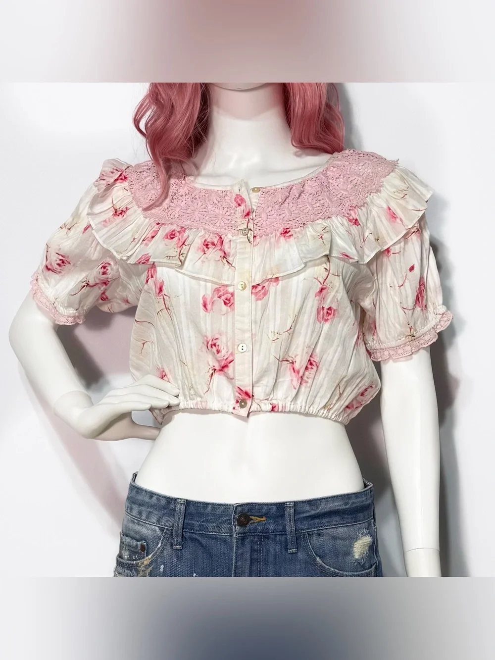 NWT LoveShackFancy Pink & Cream Floral Ruffled Cropped Blouse | Size M - Picture 2 of 6